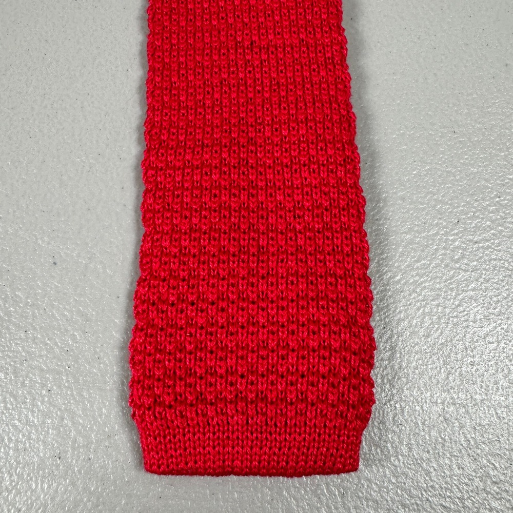 Lands End Neck Tie Red Cotton Square Knit Skinny Slim Made In USA Vintage - Picture 4 of 11